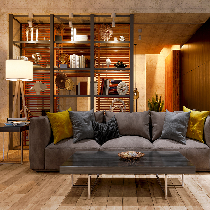 Luxury Living Room At Night With Sofa, Floor Lamp And Parquet Floor.