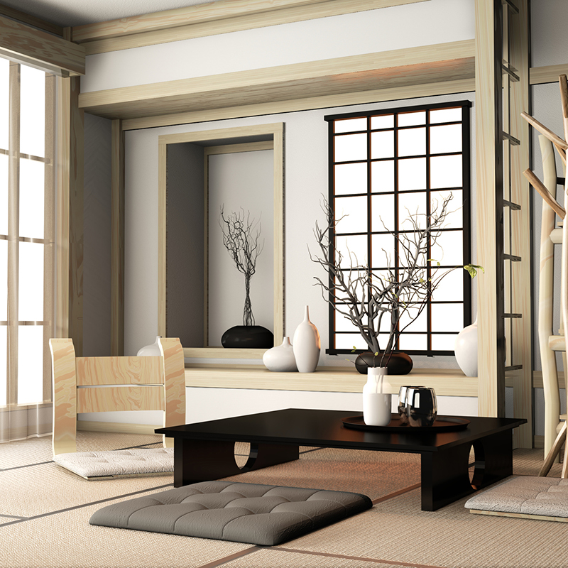 Ryokan living room japanese style with tatami mat floor and decoration.3D rendering