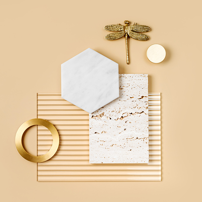 Bathroom or kitchen decoration materials on beige background. Marble slab, ceramic tiles, natural stone. Inspirational Moodboards. Interior Design Trend