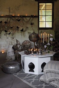 Clematis blossoms in heavy glass Rosenthal vases were selected for their creamy ivory tone.