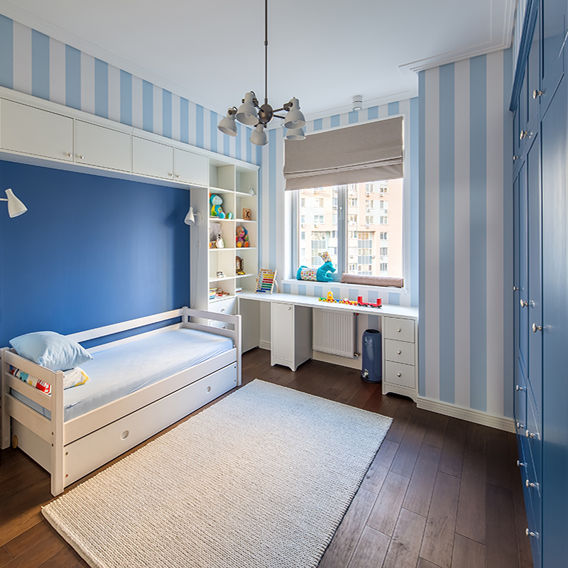 Modern,Kid's,Room,With,Striped,Blue-white,Walls,And,A,Parquet